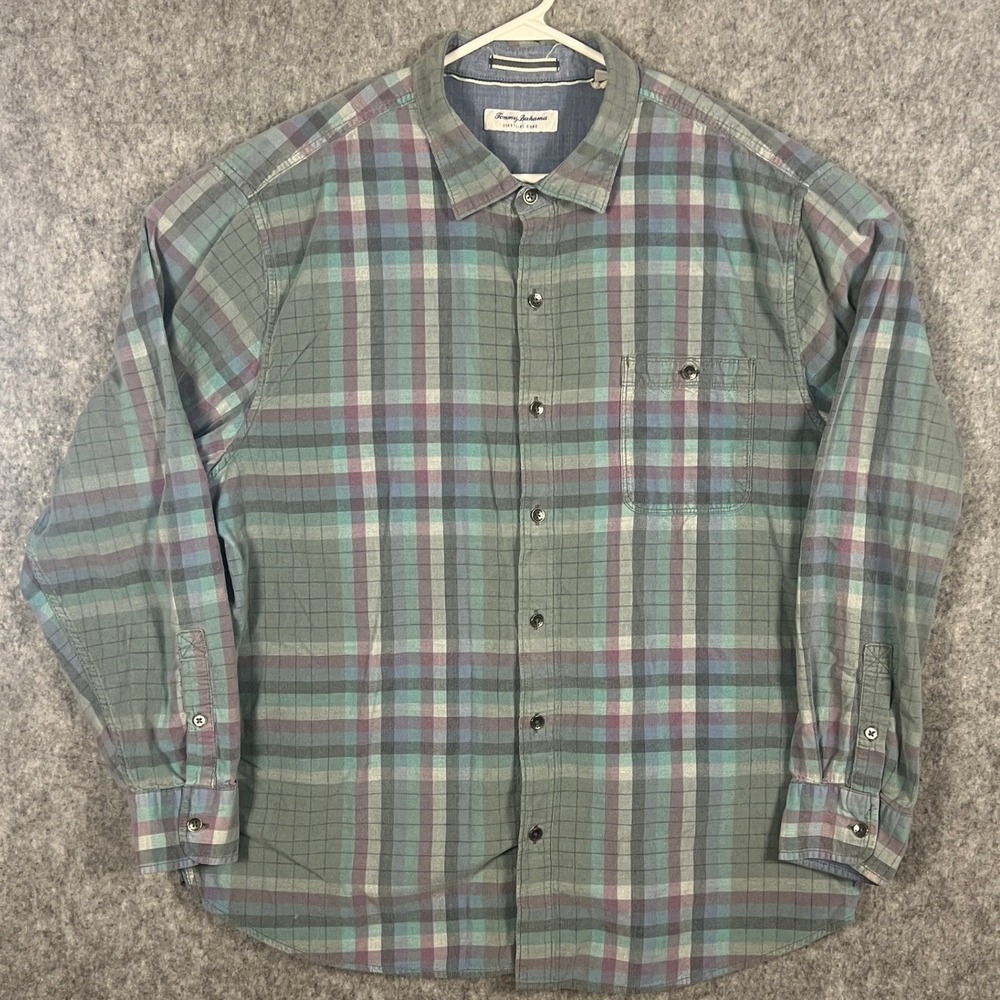 Tommy Bahama Coastline Cord Men's XXL Plaid Corduroy Button Down Shirt Green